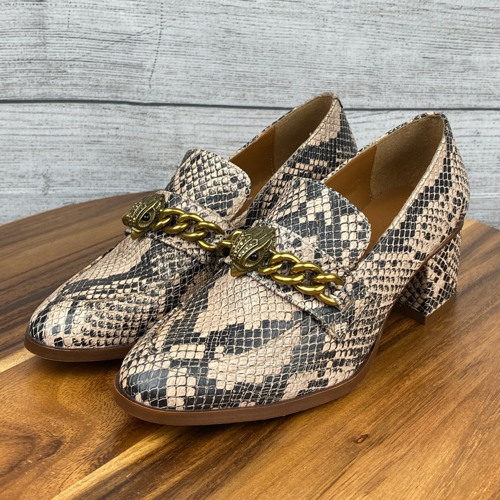 Kurt Geiger Beige & Black Snakeskin Chain-Embellished Block Heel Loafers